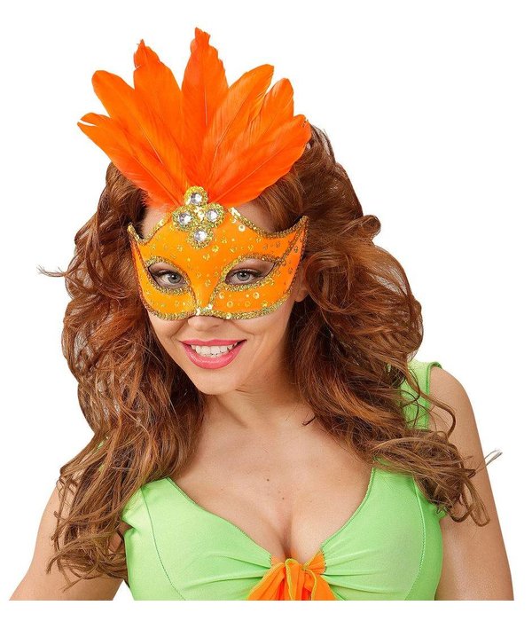 Oogmasker met veren en parels neon oranje