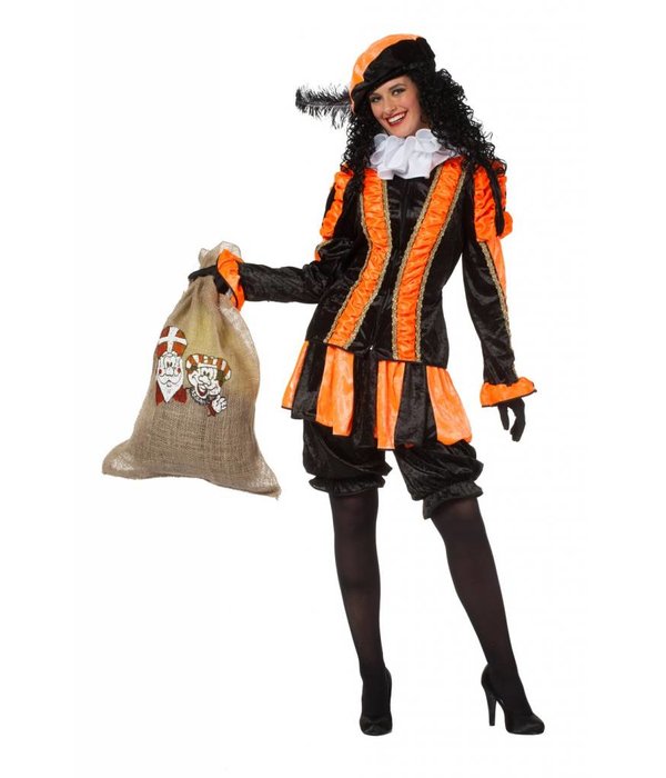 Dames pietenpak oranje/zwart luxe