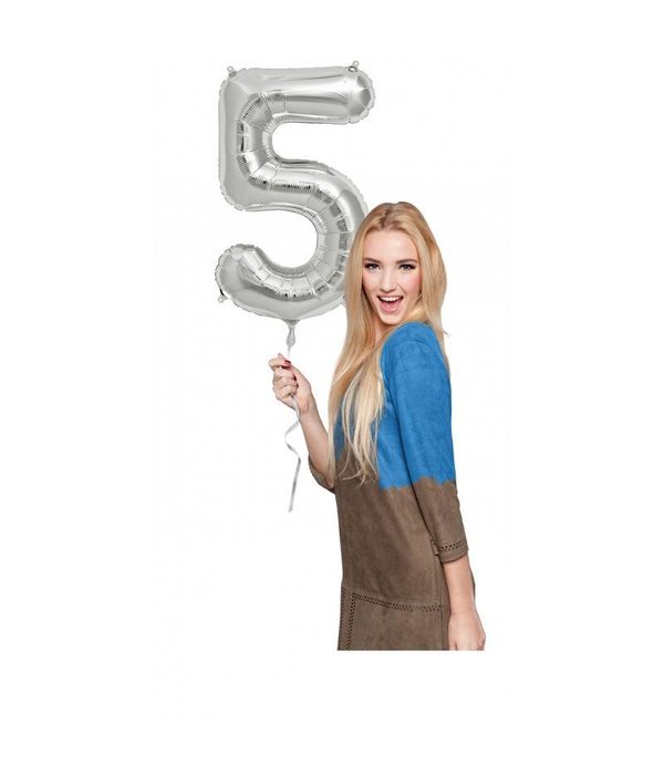 Zilveren Folieballon Cijfer 5 - 86 cm