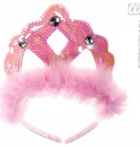 Tiara roze pailletten met marabou en 3 stenen