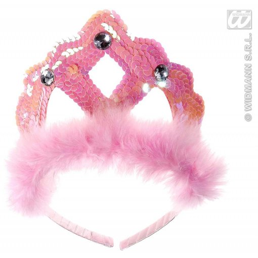 Tiara roze pailletten met marabou en 3 stenen