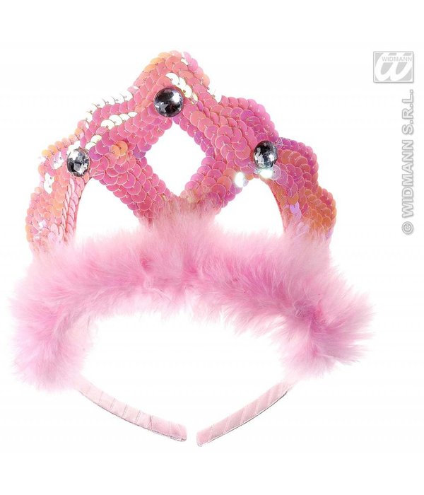Tiara roze pailletten met marabou en 3 stenen