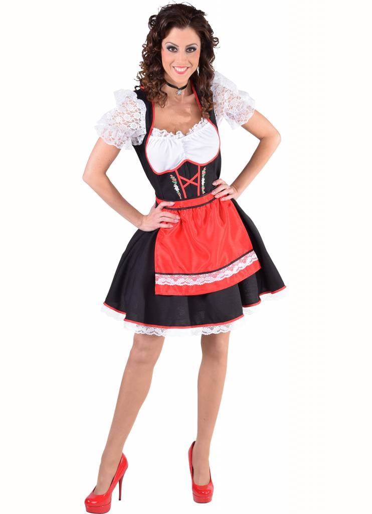 Zwarte dirndl jurk met rood schort en edelweiss - Oktoberfest kleding dames maat XS (32-34)