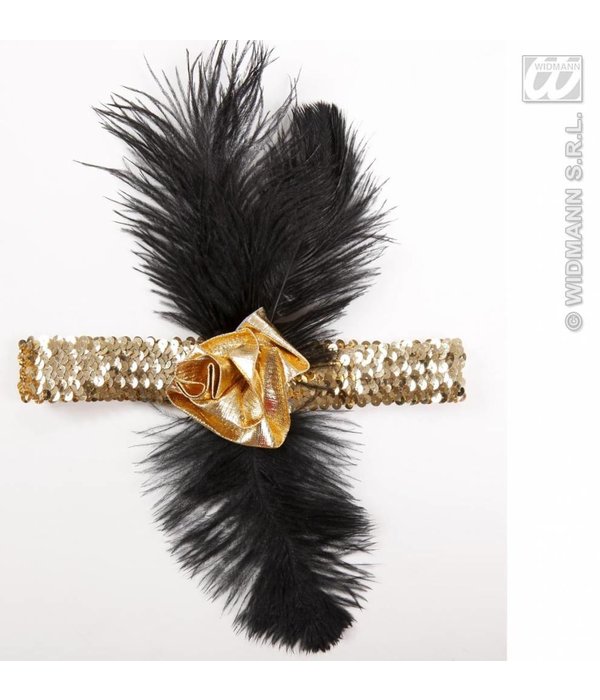 1920's pailletten hoofdband goud met bloem en veren