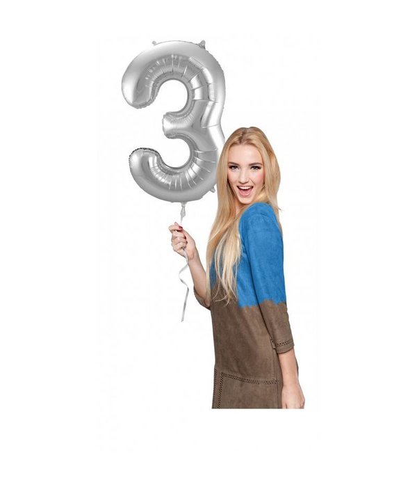 Zilveren Folieballon Cijfer 3 - 86 cm
