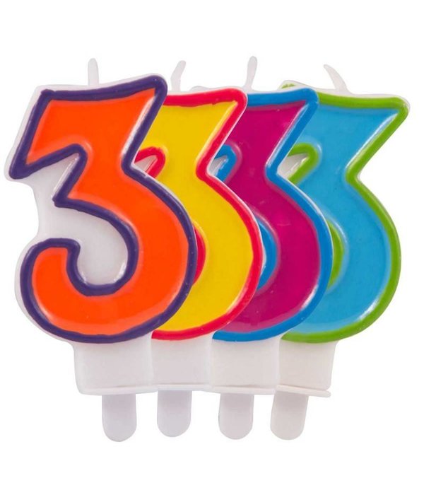 Kaars cijfer 3 in vrolijke kleuren