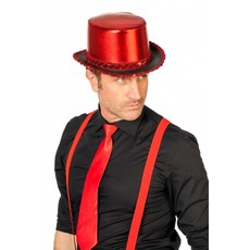 Hoge hoed lamee met paillettenband rood