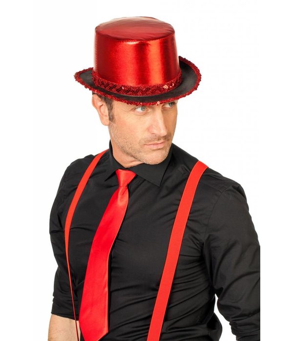 Hoge hoed lamee met paillettenband rood