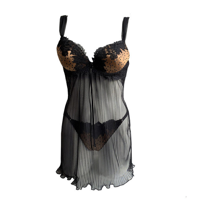 AMBRA Dessous Sätze Jaguard negligé+Push-up BH braun/schwarz