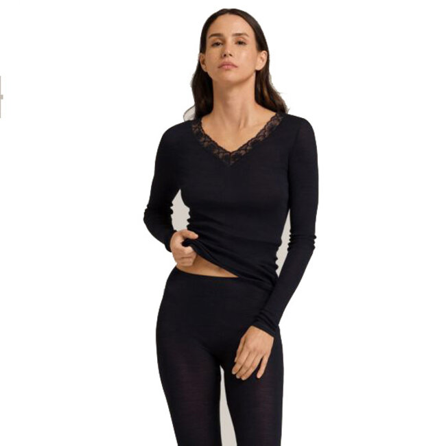 HANRO Dames Wol & Kant Top l. mouw zwart 070974
