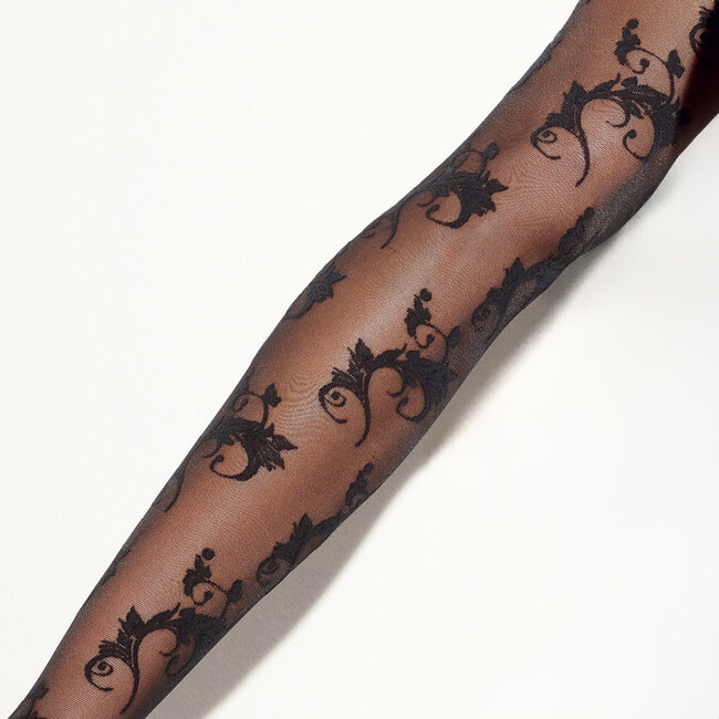 15 Denier Zwarte Girardi Panty "Coup de Foudre" met Bloemenpatroon
