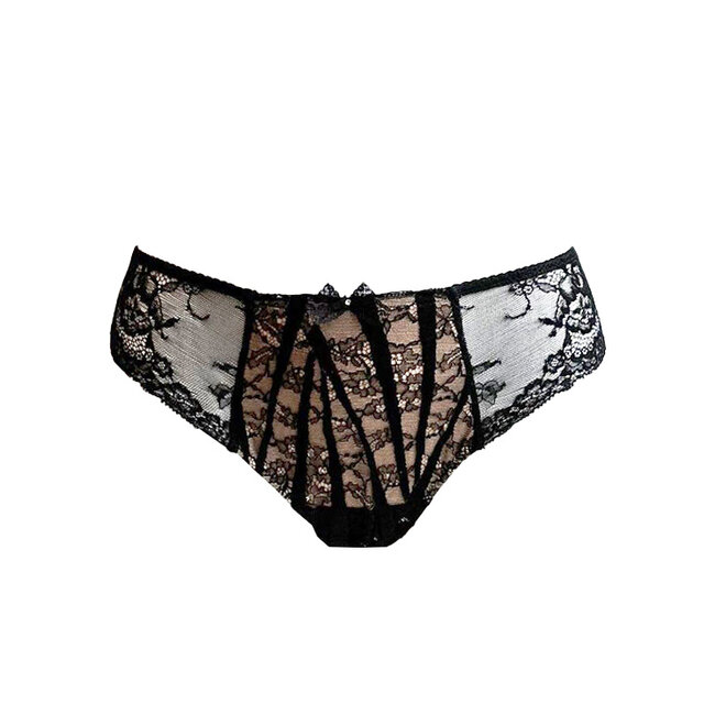 AMBRA AMBRA lingerie "Black Swan" String  bruin/zwart met bandjes en kant