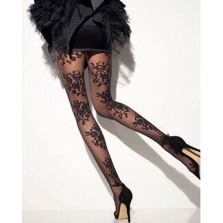 Girardi 40 Denier Zwarte  Panty Van Micro Tule met Bloemen - Girardi Douce Folie