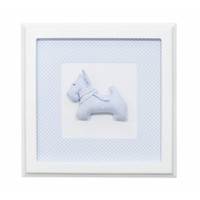 Stoffen schilderijtje wit met hond (blauw)