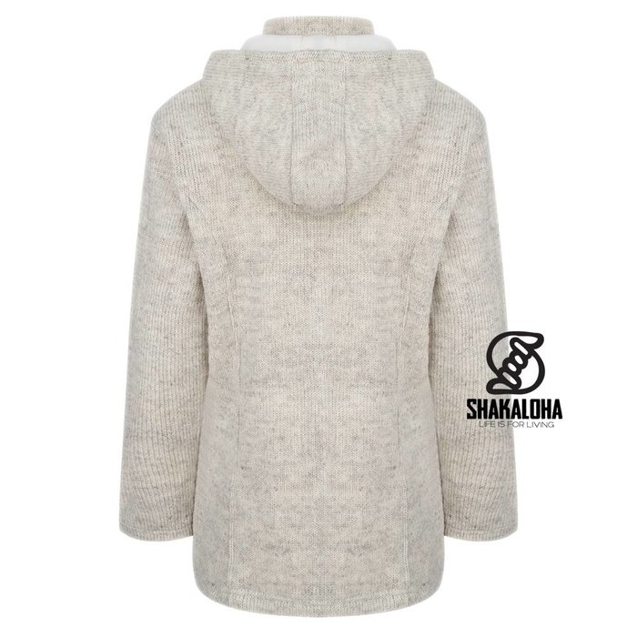 Shakaloha Shakaloha Gebreid Wollen Vest Baltonic Beige Crème met Fleece Voering en Afneembare Capuchon - Dames - Handgemaakt in Nepal van Schapenwol