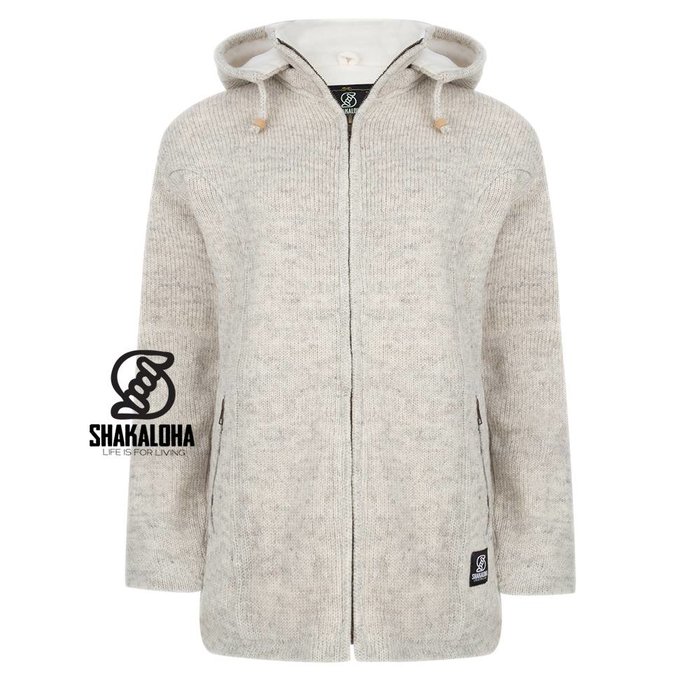 Shakaloha Chaleco de punto de lana Shakaloha Baltonic beige crema con forro polar y capucha desmontable - Mujer - Hecho a mano en Nepal con lana de oveja