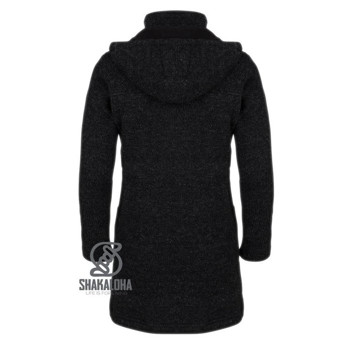 Shakaloha Shakaloha Knitted Woolen Jacket Cody Anthracite with Fleece Lining and Detachable Hood - Woman - Handmade in Nepal from sheep's wool