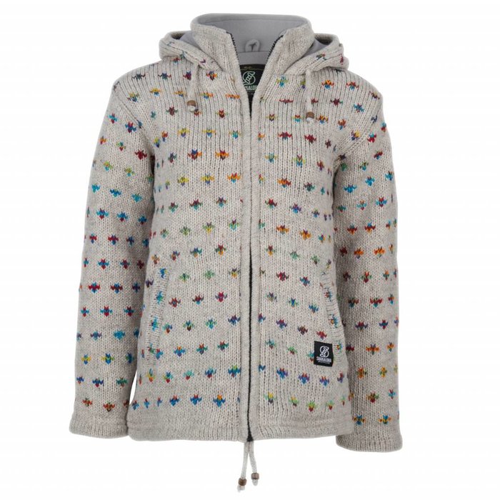 Shakaloha Chaleco de punto Shakaloha de lana gris escama multicolor con forro polar y capucha con cuello interior - Mujer - Hecho a mano en Nepal con lana de oveja