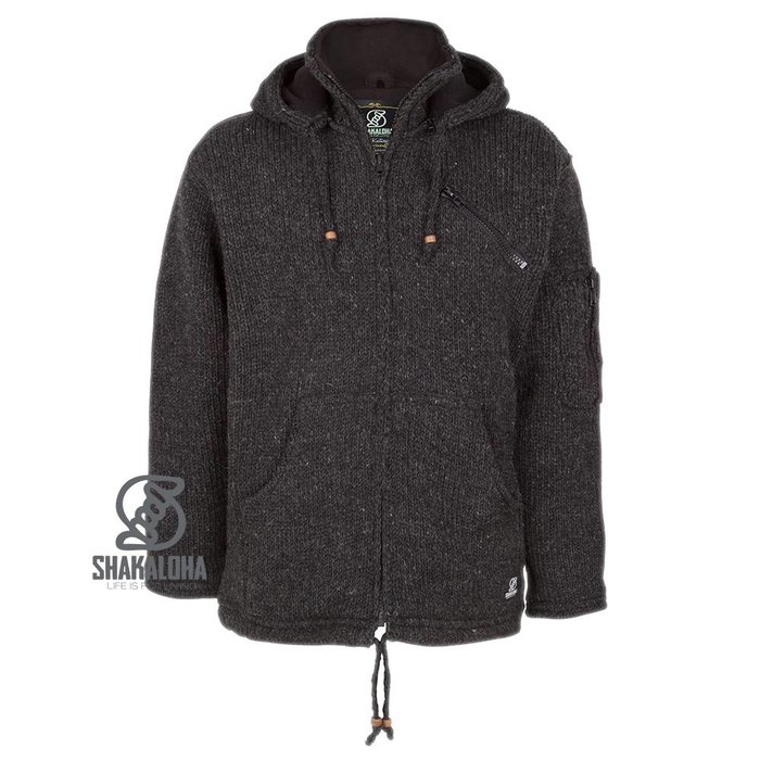 Shakaloha Shakaloha Gebreid Wollen Vest Crush Ziphood Antraciet met Fleece Voering en Afneembare Capuchon - Man/Uni - Handgemaakt in Nepal van Schapenwol