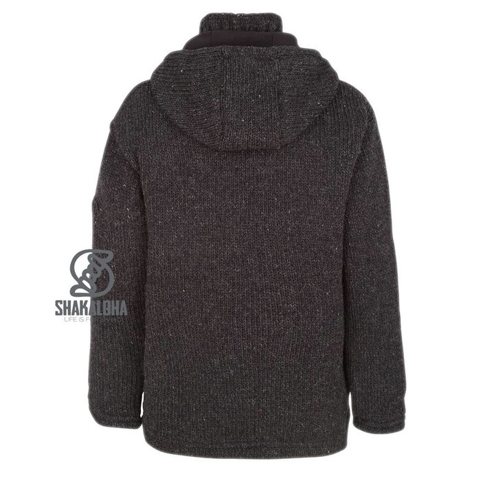 Shakaloha Shakaloha Knitted Woolen Jacket Crush Ziphood Anthracite with Fleece Lining and Detachable Hood - Men - Unisex - Handmade in Nepal from sheep's wool