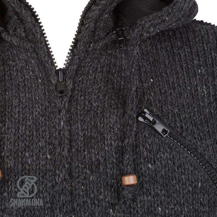 Shakaloha Shakaloha Gebreid Wollen Vest Crush Ziphood Antraciet met Fleece Voering en Afneembare Capuchon - Man/Uni - Handgemaakt in Nepal van Schapenwol