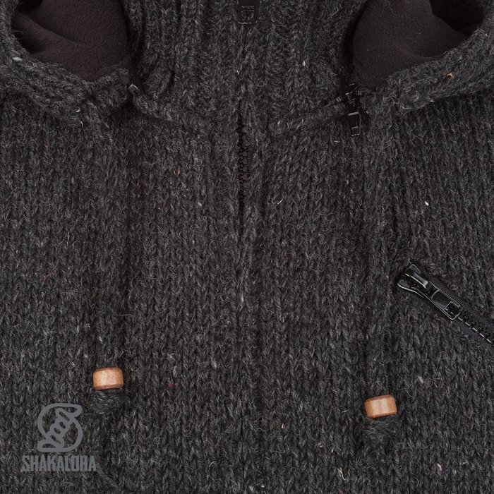 Shakaloha Shakaloha Knitted Woolen Jacket Crush Ziphood Anthracite with Fleece Lining and Detachable Hood - Men - Unisex - Handmade in Nepal from sheep's wool