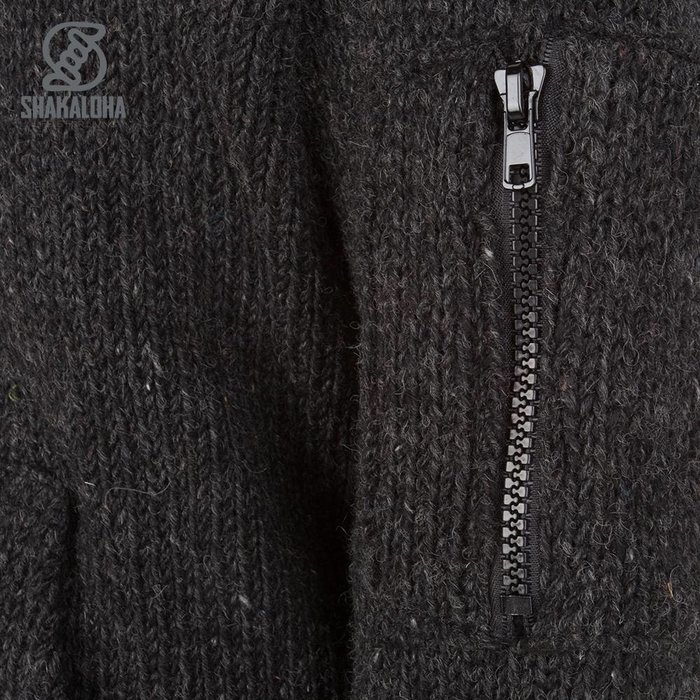 Shakaloha Shakaloha Knitted Woolen Jacket Crush Ziphood Anthracite with Fleece Lining and Detachable Hood - Men - Unisex - Handmade in Nepal from sheep's wool