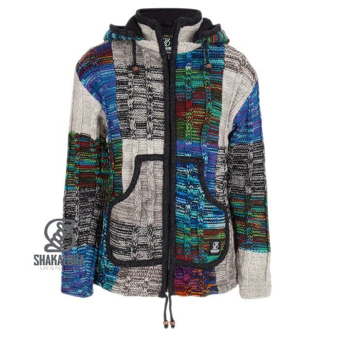 Shakaloha Shakaloha Knitted Woolen Jacket Rib Patch ZH Mixed Multicolor with Fleece Lining and Detachable Hood - Woman - Handmade in Nepal from sheep's wool