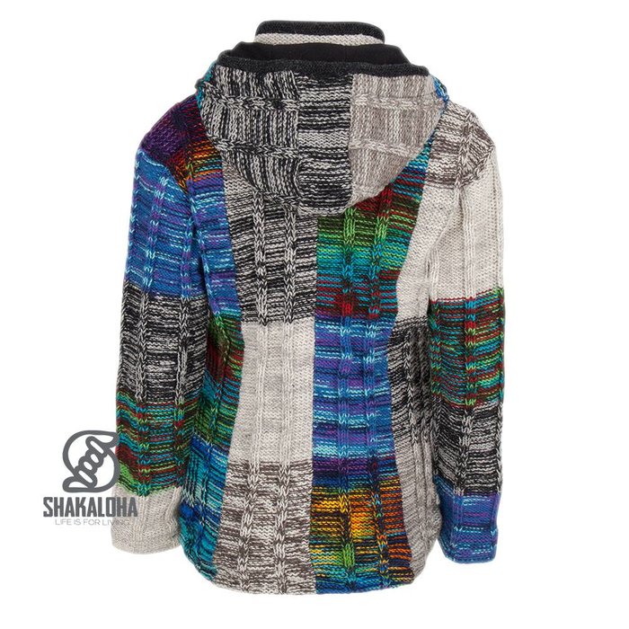 Shakaloha Shakaloha Gestrickte Wollweste Rib Patch ZH Gemischtes mehrfarbiges Fell mit Fleecefutter und abnehmbarer Kapuze – Damen – Handgefertigt in Nepal aus Schafwolle