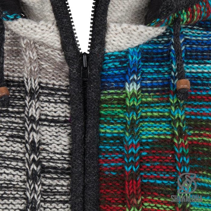 Shakaloha Shakaloha Gestrickte Wollweste Rib Patch ZH Gemischtes mehrfarbiges Fell mit Fleecefutter und abnehmbarer Kapuze – Damen – Handgefertigt in Nepal aus Schafwolle