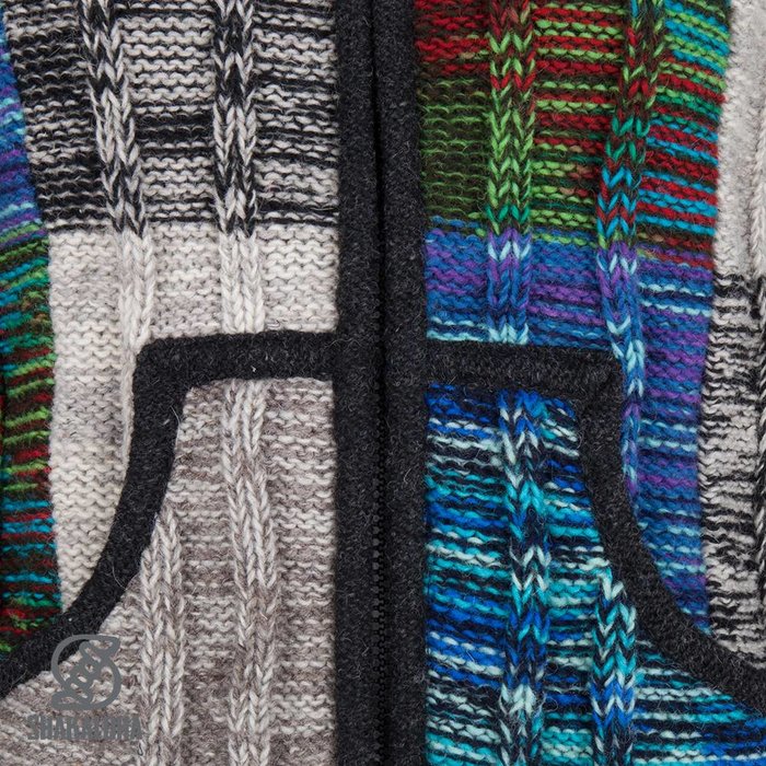 Shakaloha Chaleco de punto de lana Shakaloha con parche de canalé ZH, piel multicolor, forro polar y capucha desmontable - Mujer - Hecho a mano en Nepal con lana de oveja