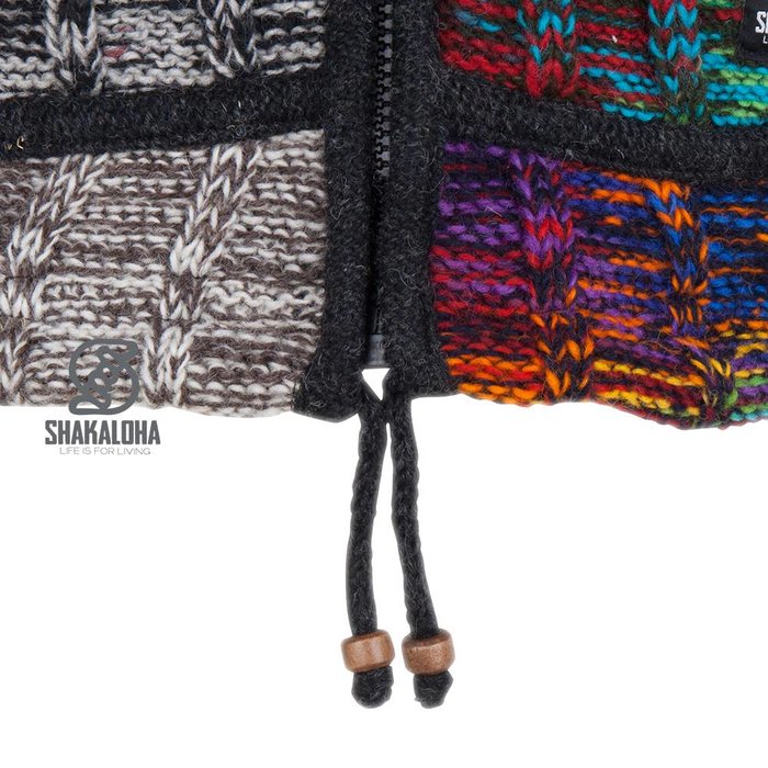 Shakaloha Shakaloha Knitted Woolen Jacket Rib Patch ZH Mixed Multicolor with Fleece Lining and Detachable Hood - Woman - Handmade in Nepal from sheep's wool