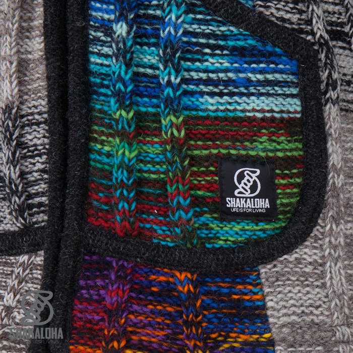 Shakaloha Shakaloha Gestrickte Wollweste Rib Patch ZH Gemischtes mehrfarbiges Fell mit Fleecefutter und abnehmbarer Kapuze – Damen – Handgefertigt in Nepal aus Schafwolle