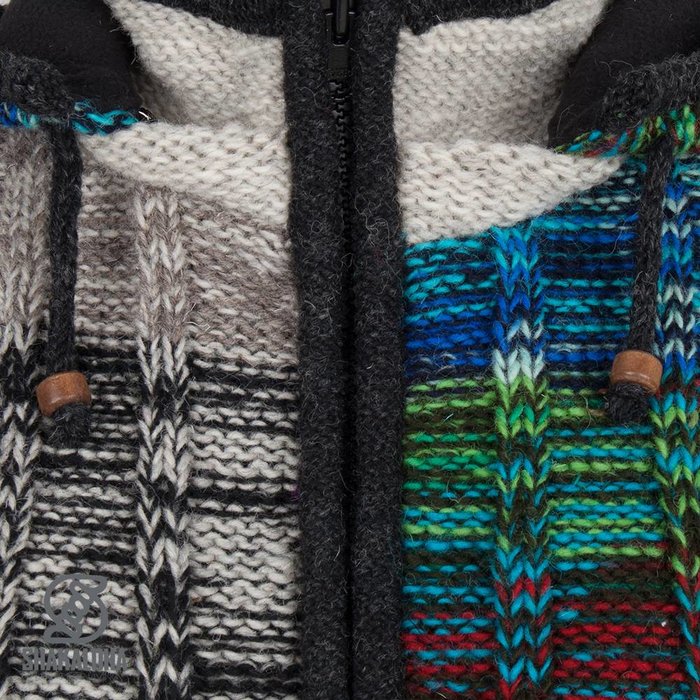 Shakaloha Shakaloha Knitted Woolen Jacket Rib Patch ZH Mixed Multicolor with Fleece Lining and Detachable Hood - Woman - Handmade in Nepal from sheep's wool
