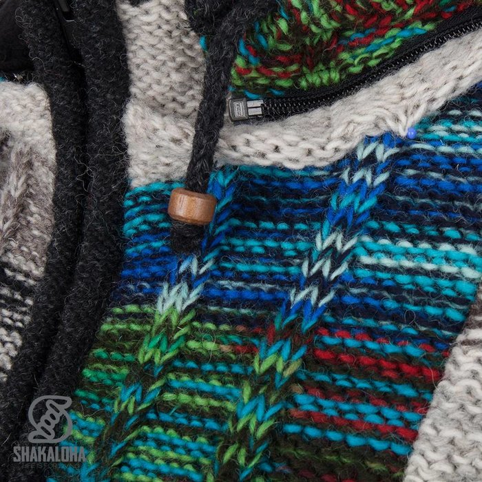 Shakaloha Shakaloha Gestrickte Wollweste Rib Patch ZH Gemischtes mehrfarbiges Fell mit Fleecefutter und abnehmbarer Kapuze – Damen – Handgefertigt in Nepal aus Schafwolle