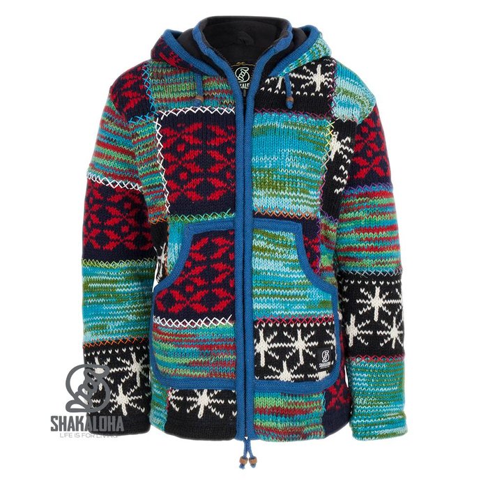 Shakaloha Chaleco de punto de lana Shakaloha con parche ZH de piel multicolor, forro polar y capucha desmontable - Mujer - Hecho a mano en Nepal con lana de oveja