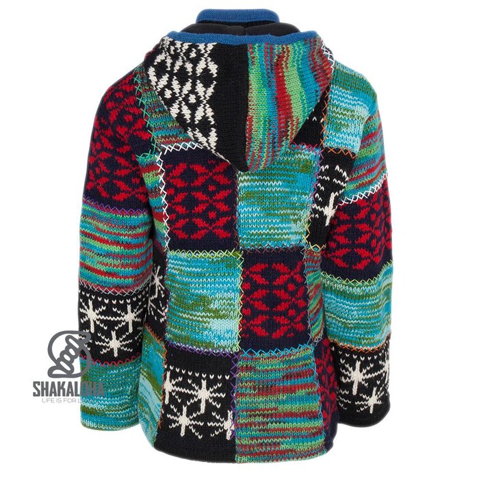 Shakaloha Chaleco de punto de lana Shakaloha con parche ZH de piel multicolor, forro polar y capucha desmontable - Mujer - Hecho a mano en Nepal con lana de oveja