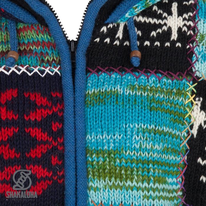 Shakaloha Chaleco de punto de lana Shakaloha con parche ZH de piel multicolor, forro polar y capucha desmontable - Mujer - Hecho a mano en Nepal con lana de oveja