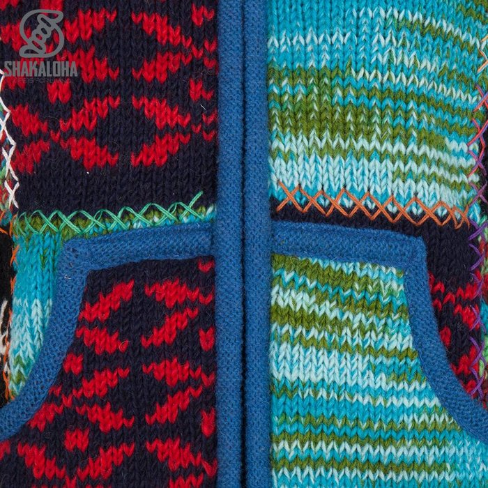 Shakaloha Chaleco de punto de lana Shakaloha con parche ZH de piel multicolor, forro polar y capucha desmontable - Mujer - Hecho a mano en Nepal con lana de oveja