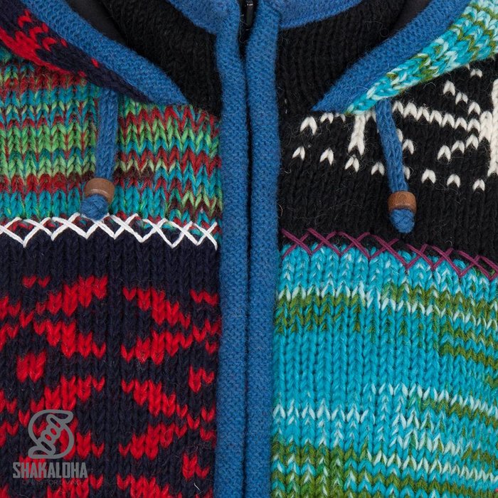 Shakaloha Chaleco de punto de lana Shakaloha con parche ZH de piel multicolor, forro polar y capucha desmontable - Mujer - Hecho a mano en Nepal con lana de oveja