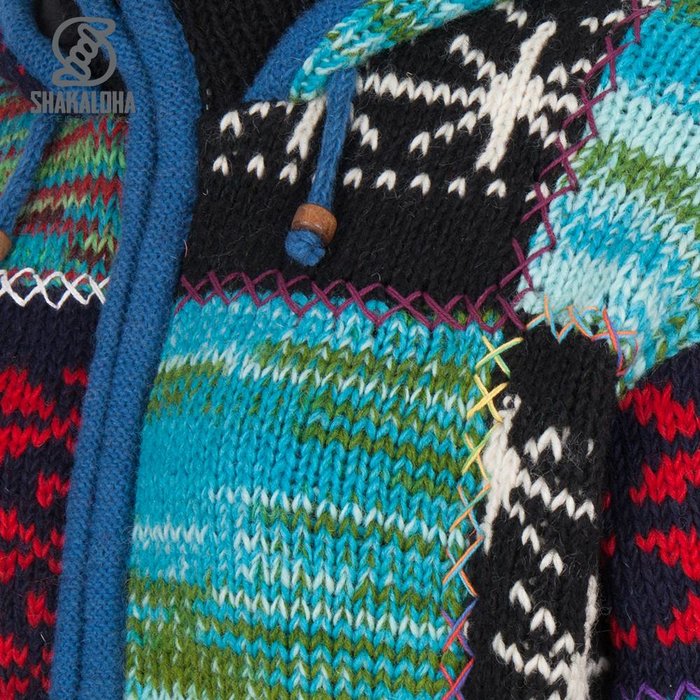 Shakaloha Chaleco de punto de lana Shakaloha con parche ZH de piel multicolor, forro polar y capucha desmontable - Mujer - Hecho a mano en Nepal con lana de oveja
