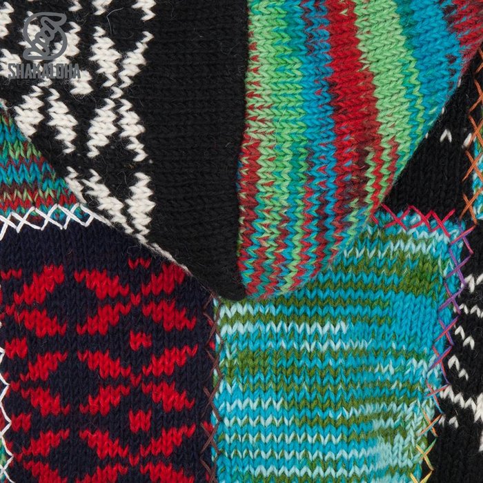 Shakaloha Shakaloha Knitted Woolen Jacket Patch ZH Multi-colored with Fleece Lining and Detachable Hood - Woman - Handmade in Nepal from sheep's wool