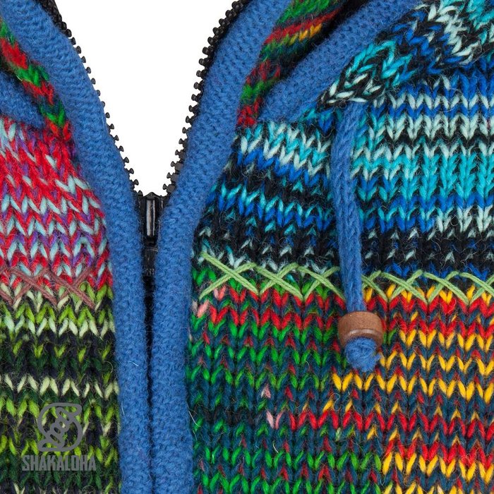 Shakaloha Chaleco de punto de lana Shakaloha con parche ZH de piel multicolor, forro polar y capucha desmontable - Mujer - Hecho a mano en Nepal con lana de oveja