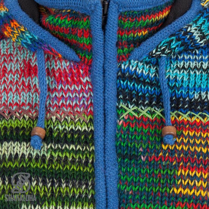 Shakaloha Chaleco de punto de lana Shakaloha con parche ZH de piel multicolor, forro polar y capucha desmontable - Mujer - Hecho a mano en Nepal con lana de oveja
