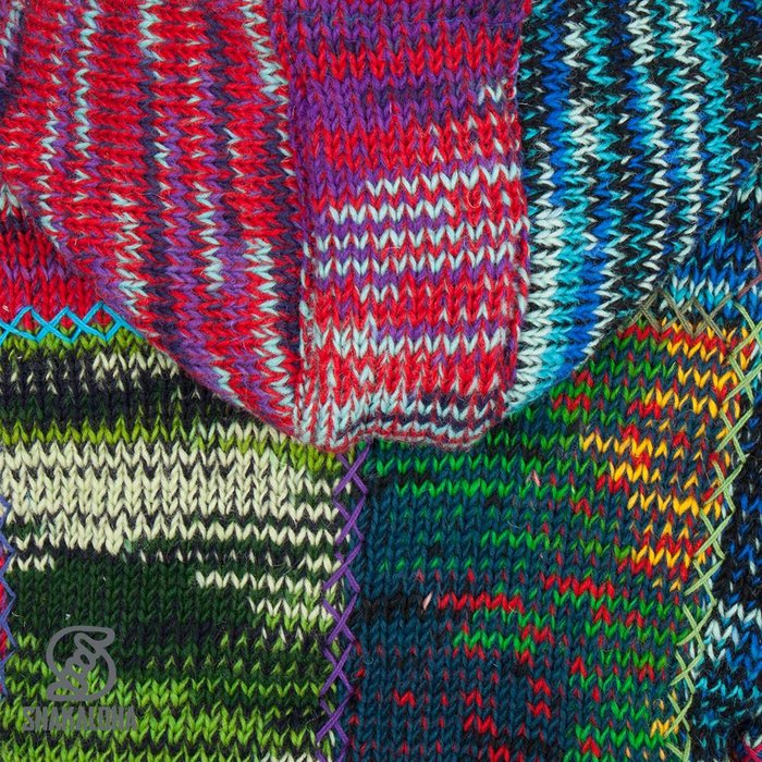 Shakaloha Chaleco de punto de lana Shakaloha con parche ZH de piel multicolor, forro polar y capucha desmontable - Mujer - Hecho a mano en Nepal con lana de oveja