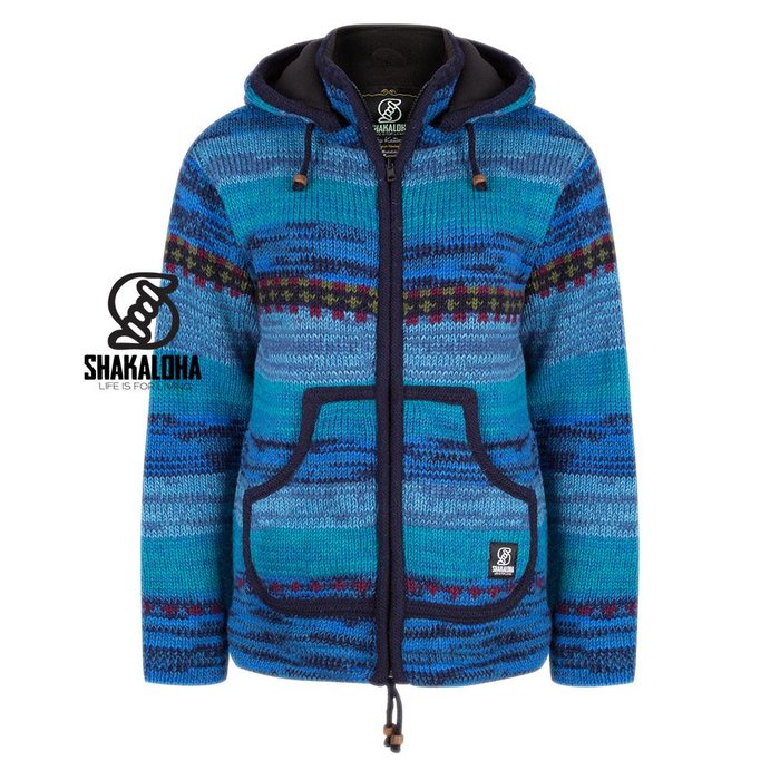 Shakaloha Shakaloha Veste en Laine Tricoté Shaker ZH Bleu avec Doublure en polaire et Capuche détachable - Femmes - Fabriqué à la main au Népal en laine de mouton