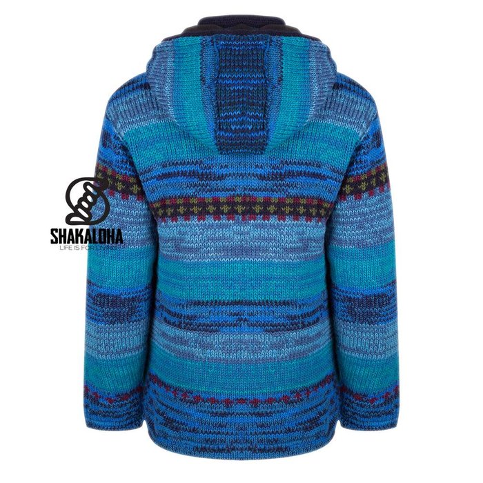 Shakaloha Shakaloha Strick-Wollweste Shaker ZH Blau mit Fleecefutter und abnehmbarer Kapuze – Damen – Handgefertigt in Nepal aus Schafwolle