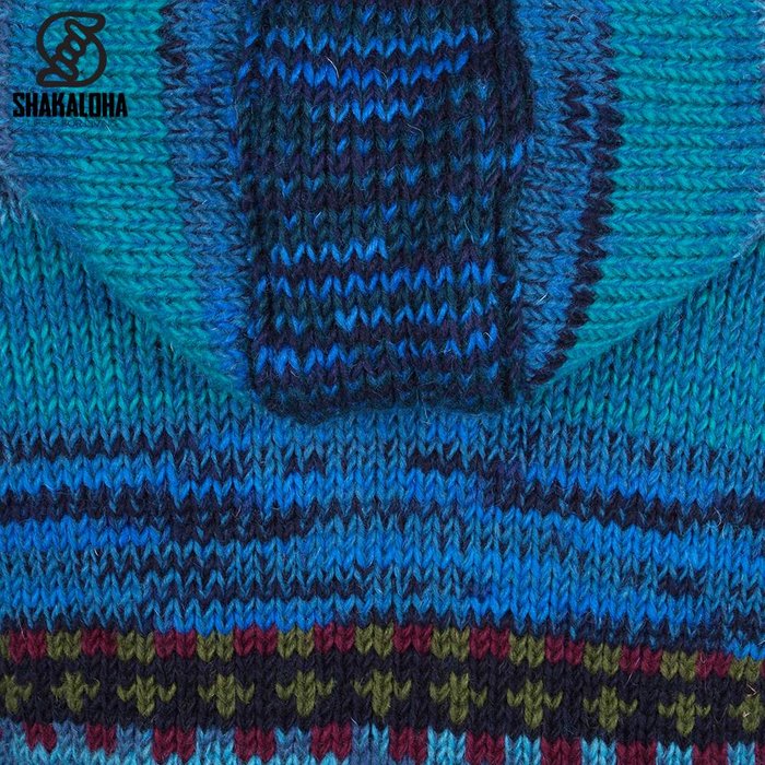 Shakaloha Shakaloha Gebreid Wollen Vest Shaker ZH Blauw met Fleece Voering en Afneembare Capuchon - Dames - Handgemaakt in Nepal van Schapenwol