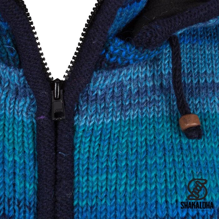 Shakaloha Shakaloha Strick-Wollweste Shaker ZH Blau mit Fleecefutter und abnehmbarer Kapuze – Damen – Handgefertigt in Nepal aus Schafwolle