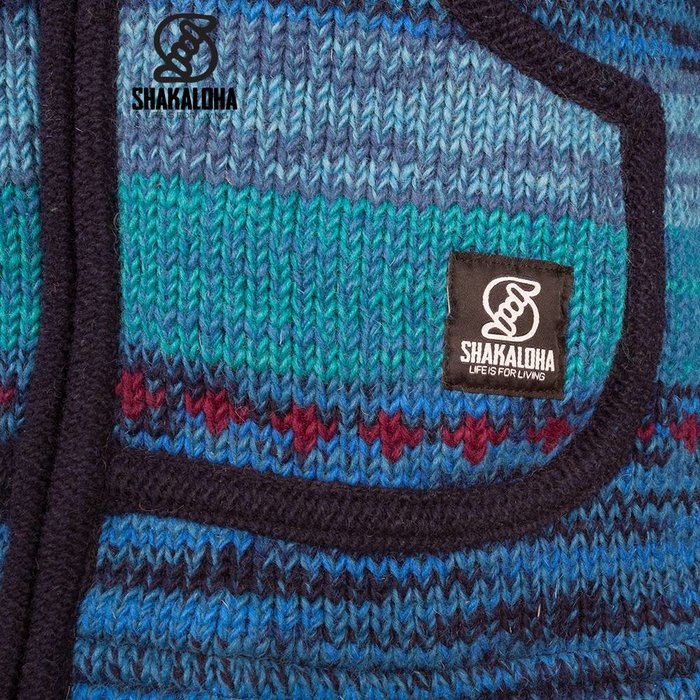Shakaloha Shakaloha Veste en Laine Tricoté Shaker ZH Bleu avec Doublure en polaire et Capuche détachable - Femmes - Fabriqué à la main au Népal en laine de mouton